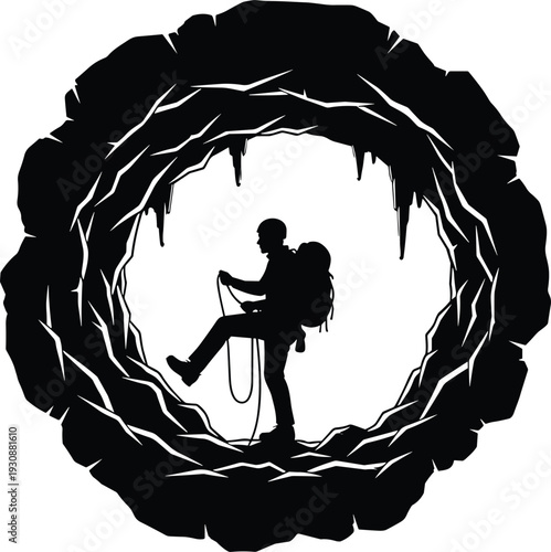 Cave explorer silhouette, spelunking adventure, backpack gear, rope climbing, jagged cave opening, stalactites, rugged environment, black and white illustration