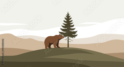Majestic Brown Bear Roaming A Serene Wilderness With A Lone Evergreen Tree