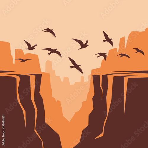 Majestic Canyon Landscape With Soaring Birds At Sunset