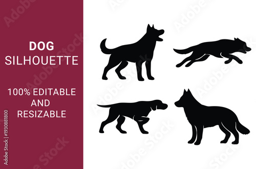 Dog Silhouette set with Various Breeds and Poses while they are Jumping, Running, and Sitting can be use able for Pet Branding and Logos 100% editable