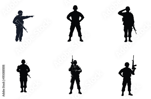 Soldier Silhouettes in Various Poses Vector Illustration