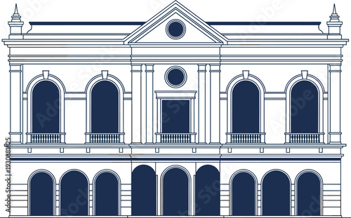 Classical building facade illustration with columns, arched windows, pediment, decorative moldings, architectural symmetry, heritage design, historic structure artwork