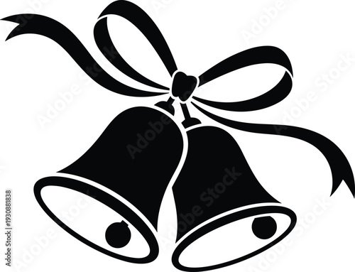 Christmas bells silhouette illustration, festive holiday decoration symbol, ribbon bow ornament design, winter celebration graphic, black vector icon artwork