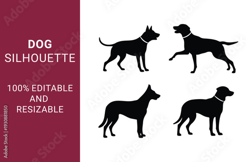 Dog Silhouette set with Various Breeds and Poses while they are Jumping, Running, and Sitting can be use able for Pet Branding and Logos 100% editable