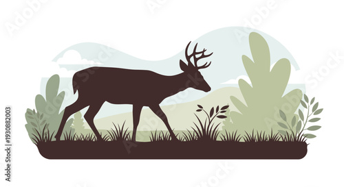 Majestic Stag Silhouette Wandering Through Enchanted Forest Landscape