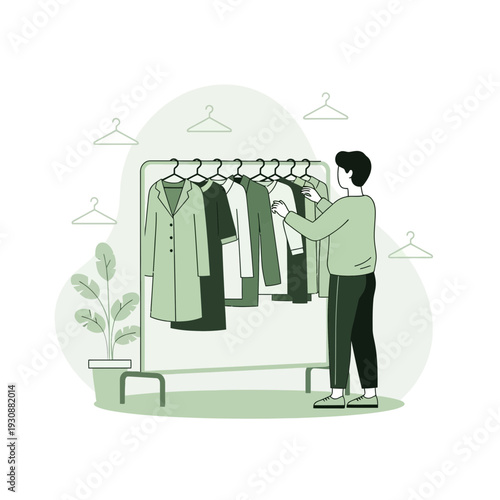 Man Browsing Wardrobe Clothes Rack Featuring Jackets and Coats Selection