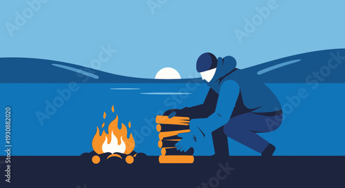 Man Building Fire By Water Under Moonlit Sky