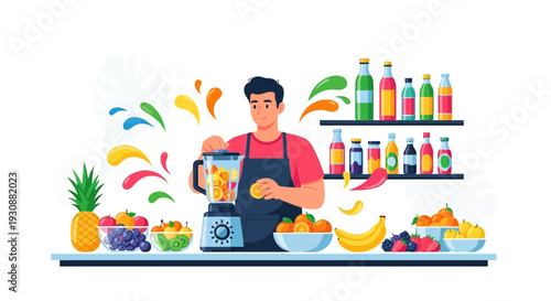 Man Blending Fresh Fruit For Healthy Smoothies And Drinks