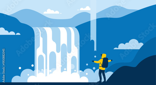 Majestic Waterfall Encounter With A Joyful Explorer