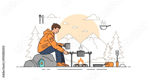 Man Camping Cooking Outdoors Adventure Scene