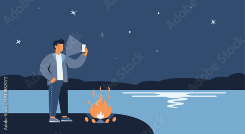 Man Capturing Night Sky Over Lake With Smartphone Light Beside Campfire