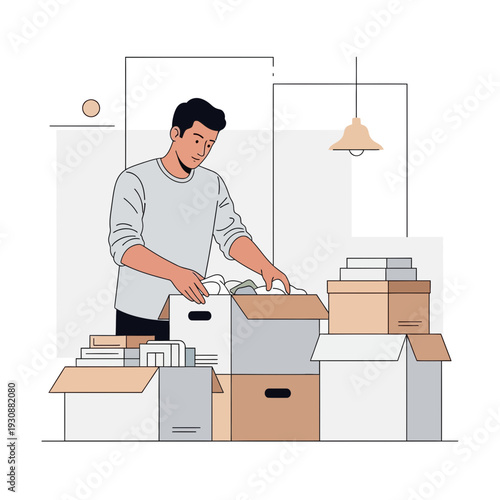Man Carefully Inspecting Boxes During House Relocation Preparation and Organization Process