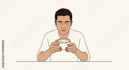 Man Appreciating Coffee Art with Closed Eyes in Modern Minimalist Illustrated Design