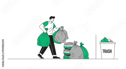 Man Carrying Trash Bags To Bin Household Waste Disposal Concept