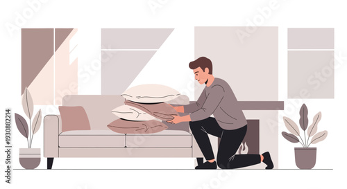 Man Arranging Cushions On A Sofa In A Living Room