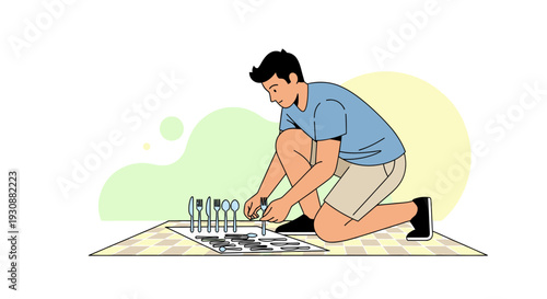 Man Arranging Cutlery on a Blanket for Outdoor Dining Experience