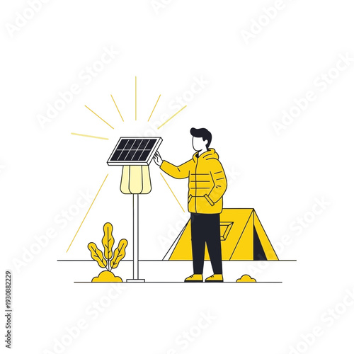 Man Charging Solar Powered Light Camping Tent Outdoors