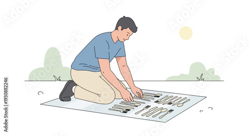 Man Arranging Cutlery Outdoors for a Picnic Meal Preparation