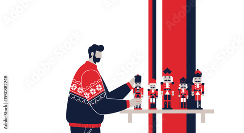 Man Arranging Festive Nutcracker Figurines On A Shelf