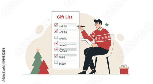 Man Checks Christmas Gift List Preparing for Festive Season Celebrations