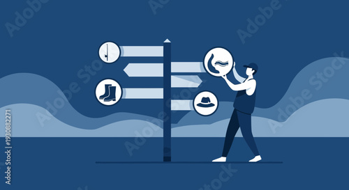 Man Chooses Between Fishing Boots Hat And Bait