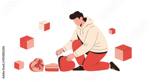 Man Arranging Heart Shaped Gift Boxes For A Special Occasion