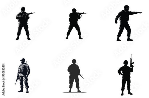 Soldier Silhouettes in Various Poses Vector Illustration