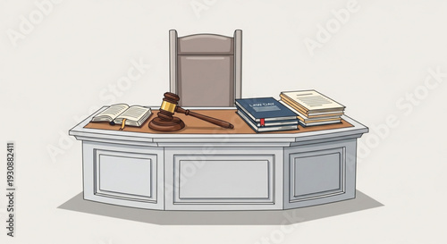 Judge's desk with gavel books and chair in a courtroom setting symbolizing law and justice