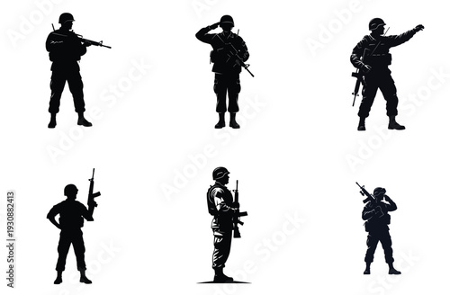 Soldier Silhouettes in Various Poses Vector Illustration