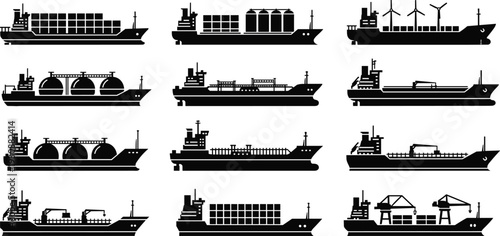 Cargo ship silhouettes collection including container tanker and bulk carriers, maritime transport vessels isolated on light background for shipping logistics design