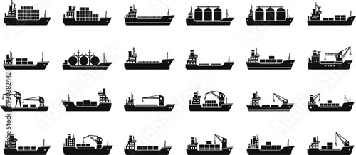 Cargo ship silhouettes collection including container tanker bulk and crane vessels, maritime transport fleet isolated on light background for shipping logistics design