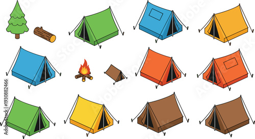 Camping tent collection illustration, colorful outdoor shelter set, cartoon campsite elements, forest adventure gear, travel equipment icons, isolated on white background, flat design bundle