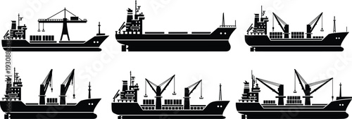 Cargo ship silhouettes collection with cranes and containers, maritime freight vessels isolated on light background for shipping logistics and industrial transport design
