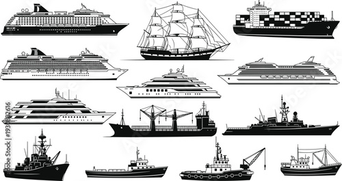 Collection of ship silhouettes including cruise liner cargo vessel sailboat yacht and naval warship, maritime transport set isolated on light background for design