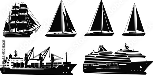 Collection of ship silhouettes including sailing boats cargo vessel and cruise liner, maritime transport set isolated on light background for nautical design