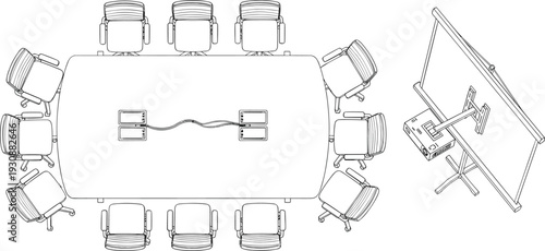 Conference meeting room top view layout, boardroom table with chairs and projector screen, office interior floor plan line art vector