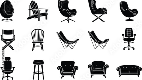 Furniture Chair Collection Featuring Armchairs, Recliners, Stools, and Office Chairs for Home and Office Decor Illustrations