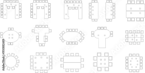 Conference table top view layout set with meeting room furniture arrangements, office boardroom plan collection isolated on light background for interior design
