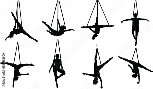 Aerial Silk Silhouettes Set, Acrobat Women Performing Yoga In Air, Circus Performers Gymnastics Exercises, Professional Dancer Hammock Flat Vector Illustration