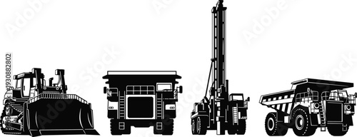 Heavy construction machinery silhouette set, bulldozer dump truck and drilling rig, industrial mining equipment vector illustration, black and white isolated design