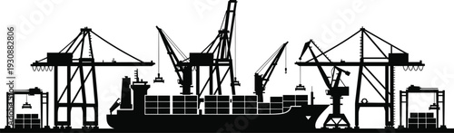 Industrial port silhouette with container ship and cranes, maritime cargo terminal scene isolated on light background for shipping logistics and transport design