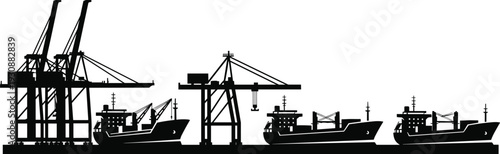 Industrial seaport silhouette with cargo ships and cranes, maritime logistics harbor scene isolated on light background for shipping transportation design projects