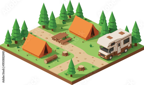 Isometric camping campsite illustration with tents and camper van, forest outdoor recreation scene, summer travel adventure concept, cartoon vector landscape isolated