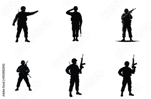 Soldier Silhouettes in Various Poses Vector Illustration
