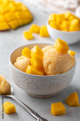 Sweet and delicious mango sorbet topped with diced mango.