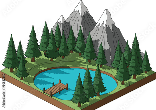 Isometric mountain landscape with pine forest, alpine lake, wooden dock, snowcapped peaks, serene wilderness nature illustration for travel, camping, adventure design, background, tourism, scenic