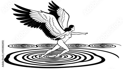Mythical winged woman running on water, surreal art, fantasy illustration