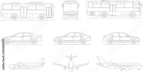 Public transport and vehicle outline set including city bus sedan car and passenger airplane, minimalisline drawing collection isolated on light background for design