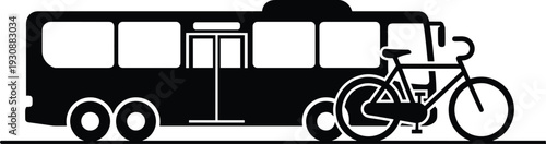 Public transport bus and bicycle silhouette, urban mobility concept with city transit vehicle and bike, black and white vector illustration isolated