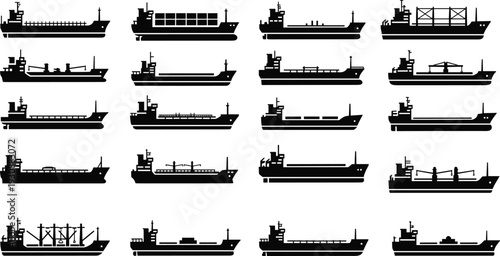 Set of cargo ship silhouettes including container bulk and tanker vessels, maritime transport fleet isolated on light background for shipping logistics design
